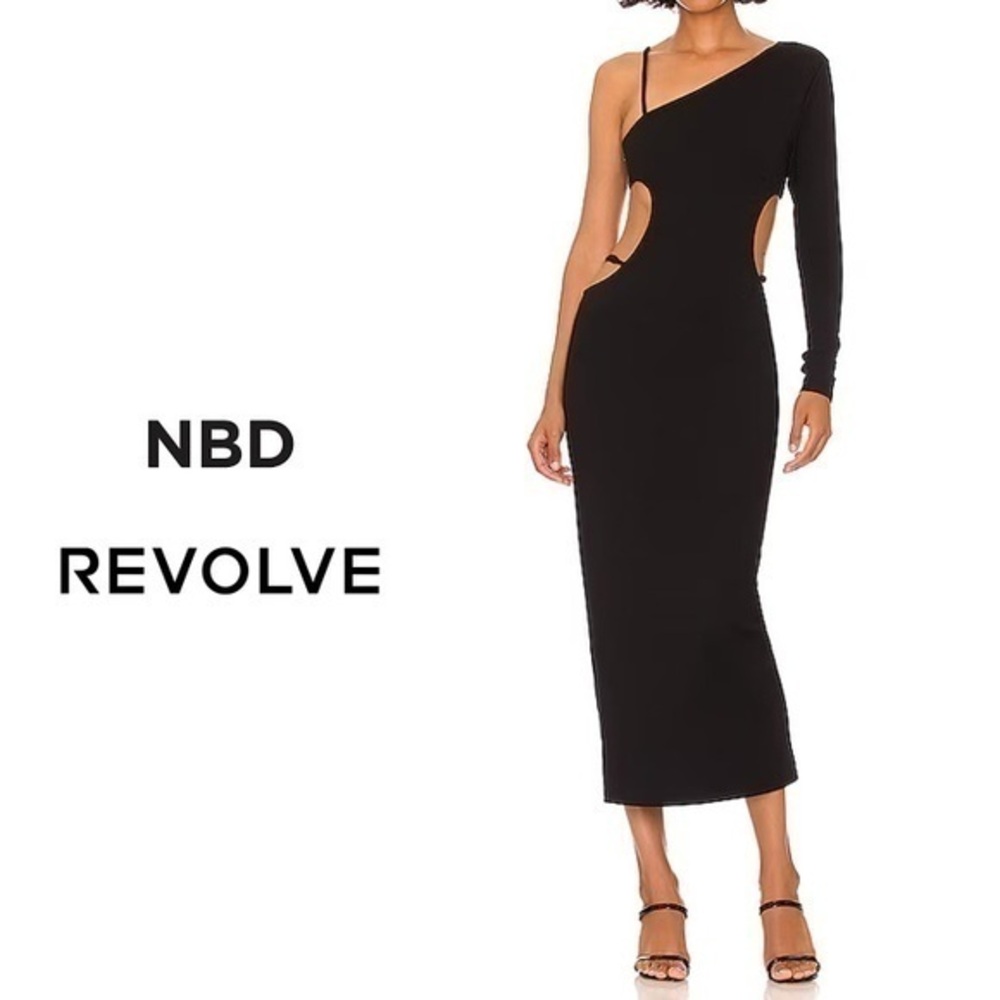 NBD NWT Adley Black One Shoulder Cut Out Midi Dress L